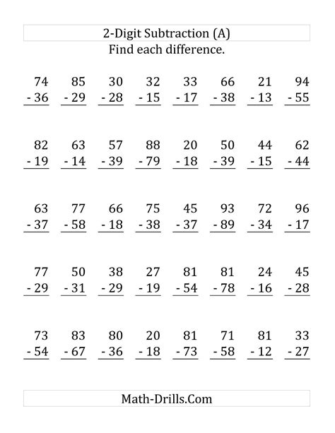 There is also a versatile worksheet generator that allows for a limitless number of addition and/ or subtraction questions. 2-Digit Subtraction with All Regrouping (Large Print ...