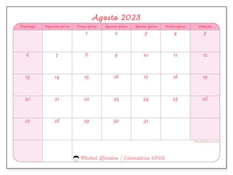 Calendário De Agosto De 2023 Para Imprimir “63sd” Michel Zbinden Mo