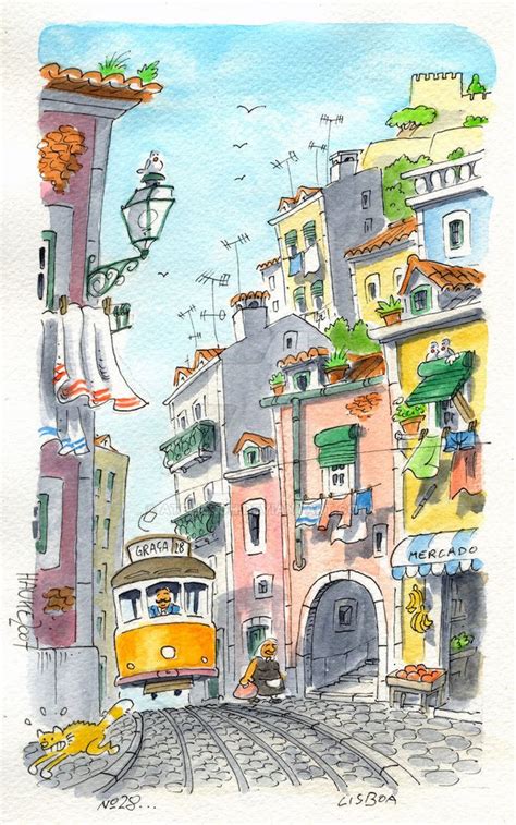 Lisbonne Tramway Jaune Petits Rues Dalfama Idée Dessin En Perspective