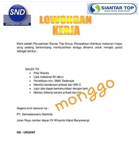 Temukan info lowongan kerja terbaru februari 2021 sesuai lokasi, pendidikan, keahlian dan gaji yang anda inginkan hanya di loker.id. Loker Banyuwangi 2020, Siantar Top Membutuhkan Sales - Ringtimes Banyuwangi