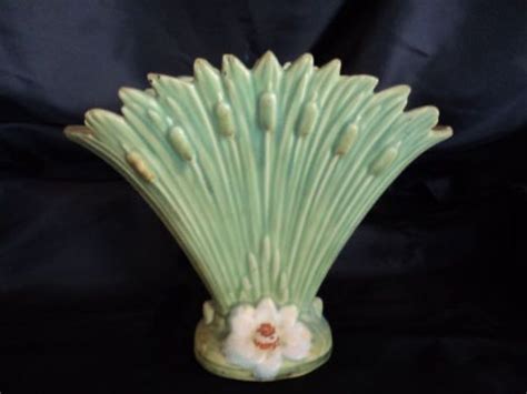 Weller Lily Fan Vase With Cattails Old Pottery Vintage Planters