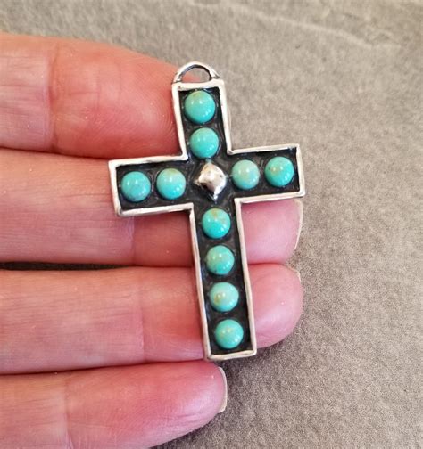Vintage Large Sterling Silver Turquoise Cross Pendant Necklace Chain