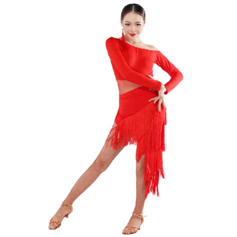 Women Long Tassel Long Sleeves Latin Dance Dress Set Latin Dance Top Dance Skirt