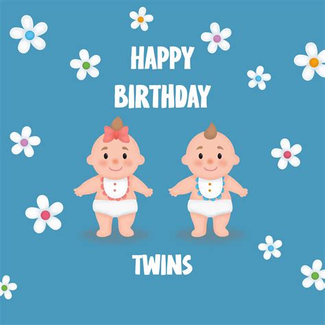 Flowers And Babies In Blue Happy Birthday Twins Boomf