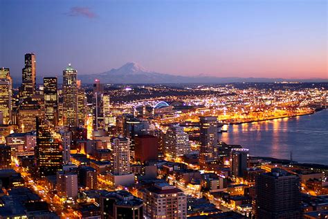 Seattle Nightscape View Of Seattle Skyline And Mt Rainier