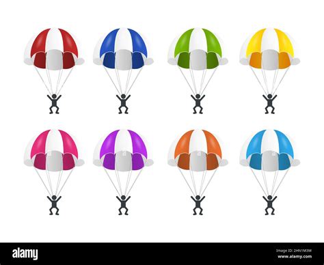 Vector 3d Realistic Striped Parachute With Skydiver Set Isolated