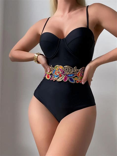 Sexy Floral Designer Girdle One Piece Swimsuit Women Solid Black Underwire Swimwear Backless