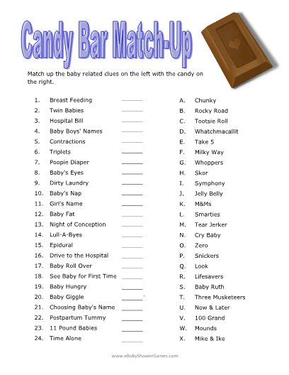 There is the candy bar baby shower game free printable to assist in coping with individuals styles. Printable Candy Bar Match-Up Game | baby shower ...