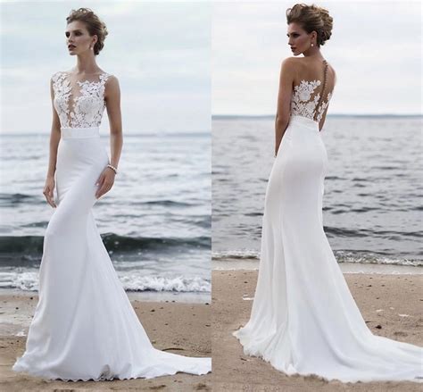 China Beach Bridal Gowns Illusion Nekcline Mermaid Chiffon ...