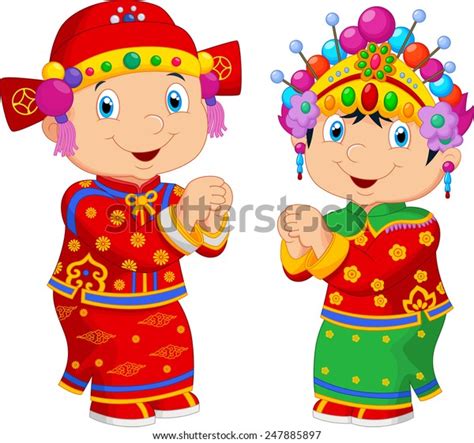 Cartoon Chinese Kids Wearing Traditional Chinese Stock Illustration