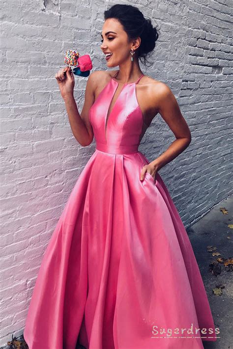 Elegant Halter Hot Pink Satin Prom Dress From Sugerdress Hot Pink
