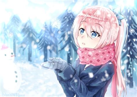 Wallpaper Anime Girl Pink Hair Scarf Snowflake Blue