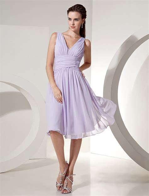 A Line V Neck Knee Length Lavender Chiffon Pleated Prom Dress
