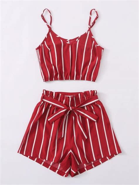 striped cami top and belted paper bag waist shorts shein usa