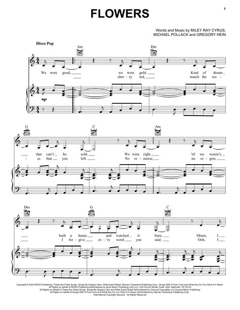 Flowers Sheet Music | Miley Cyrus | Piano, Vocal & Guitar Chords (Right