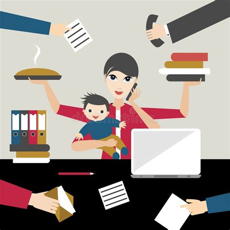 Working Mother With Child In Business Offiice Multitasking Person