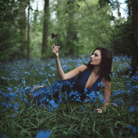 Women Women Outdoors Cleavage Model Sammy Braddy Pornstar Butterfly Blue Flowers Blue
