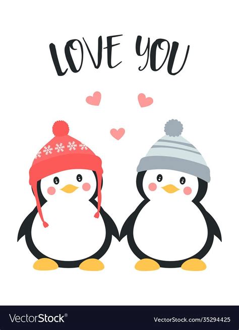 Vector Illustration Of Cute Couple Of Penguins Hugging And Wearing Warm