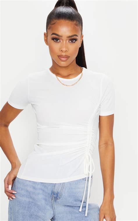 White Rib Ruched Side T Shirt Tops Prettylittlething Ie