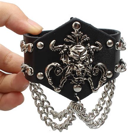 fashion unisex cool punk rock gothic skeleton skull chain bangle leather bracelet bracelets sets