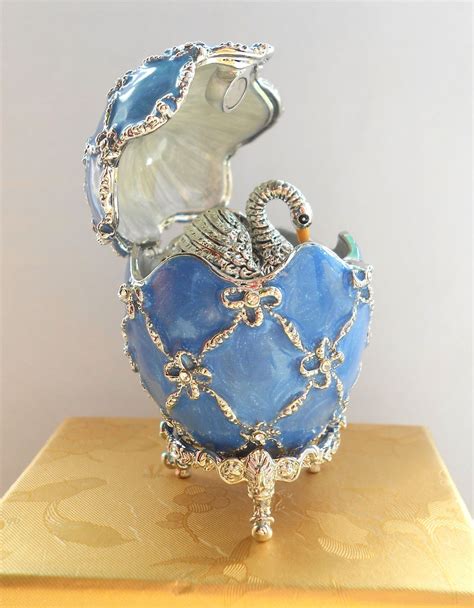 Swan Inside Faberge Egg Handmade Inspired Trinket Box Blue With Silver Detail Faberge Eier