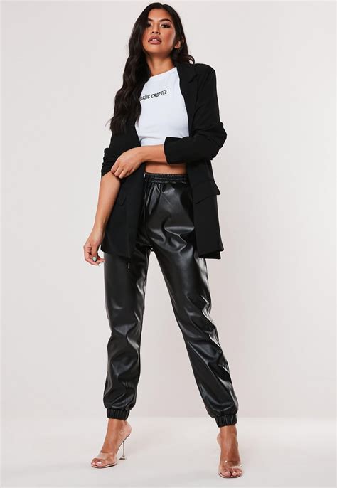 Black Faux Leather Jogger Trousers Missguided Leather Pants Outfit