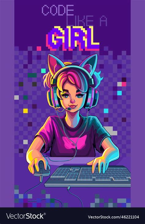 Girl Gamer Or Streamer With Cat Ears Headset Sits Vector Image