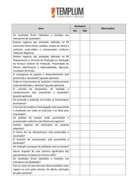 Modelo De Check List Para Auditoria Interna Da Norma Iso 90012008