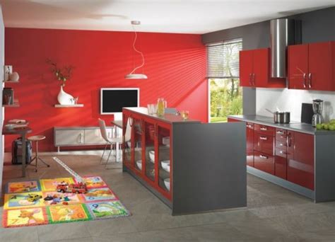 Stylish Modern Kitchen Featuring Bold Red Walls Kitchen Style Modern
