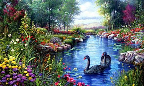 Black Swans Trees River Flowers Painting Hd Wallpaper