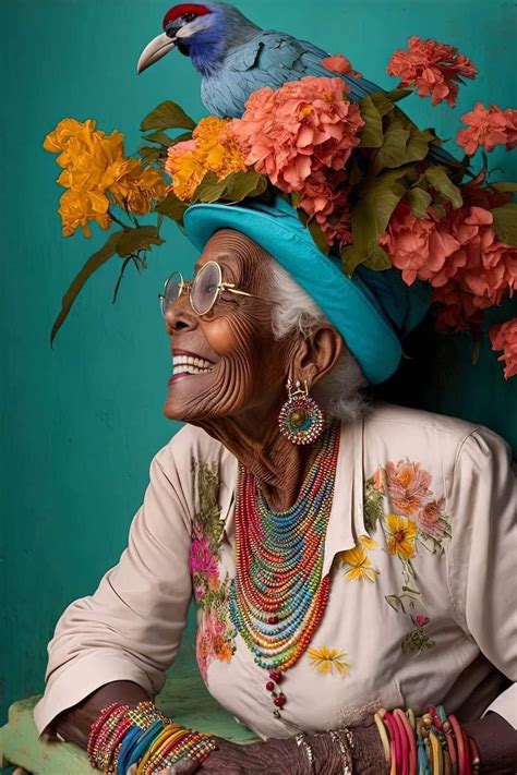 an old woman with flowers and a bird on her head