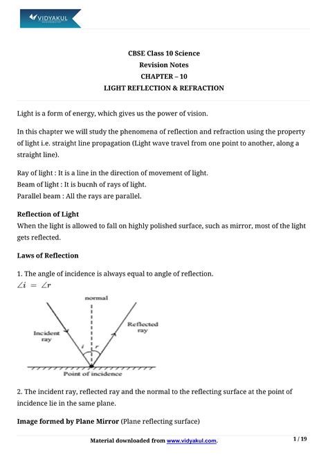 Class Th Science Light Reflection And Refraction Ncert Notes Cbse