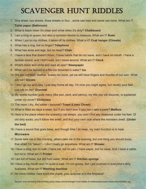 Test your smarts with the 101 best riddles, including easy and funny riddles for kids, and hard riddles for adults. 10 Best Scavenger Hunt Ideas that you'll Absolutely Love ...