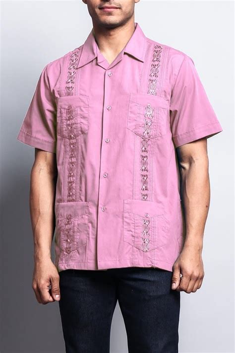 Mens Short Sleeve Cuban Style Guayabera Shirt Pink Camisas