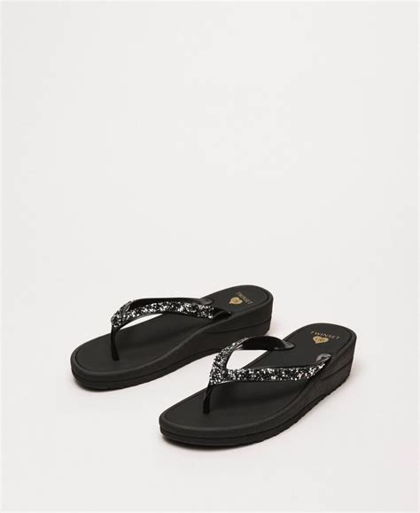 Thong Sandals With Sequins Woman Black Twinset Milano