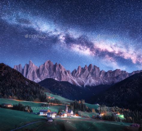 Santa Maddalena And Milky Way At Night In Autumn In Italy Stock Photo