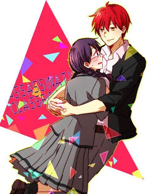 Two People Hugging Each Other In Front Of Colorful Triangles