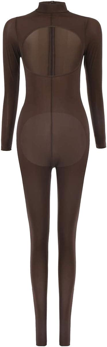 Fymnsi Womens See Through Long Sleeve Jumpsuit Open Bust And Butt