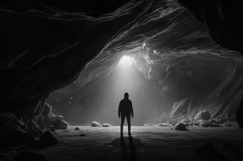 Premium Ai Image A Man Stands In A Cave With A Light On The Ceiling