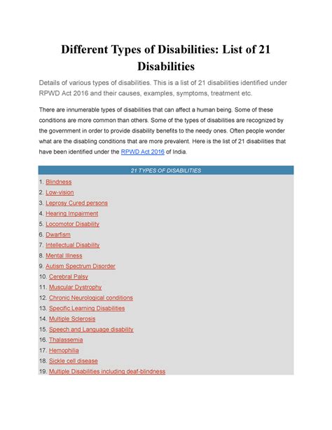Disabilities This Is A List Of 21 Disabilities Identified Under RPWD
