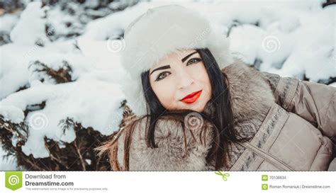 Beautiful Girl In Winter Park Fir Trees Covered With Frost And Snow