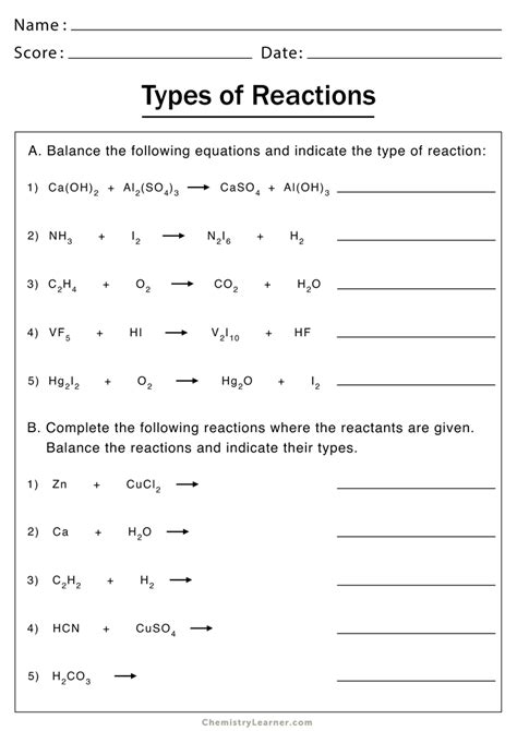 Types Of Reactions Chemistry Worksheet Answers