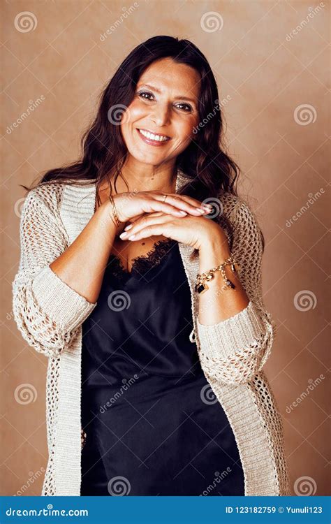 Mature Brunette Real Middle Age Woman Well Dressed Posing Smilin Stock Image Image Of Headshot