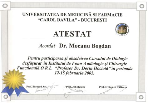 Bogdan MOCANU Diplome, cursuri - Clinica ORL Dr. Mocanu