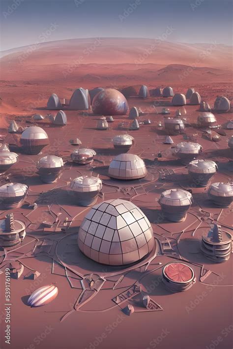 Mars Base Planet Mars Colony With Geodesic Buildings Domes And