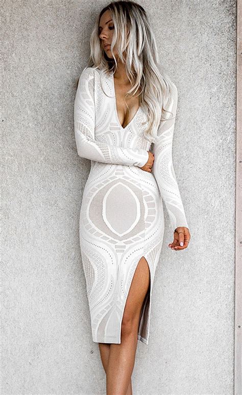 4499 Lace Long Sleeve Deep V Neck Midi Bodycon Dress White Lace