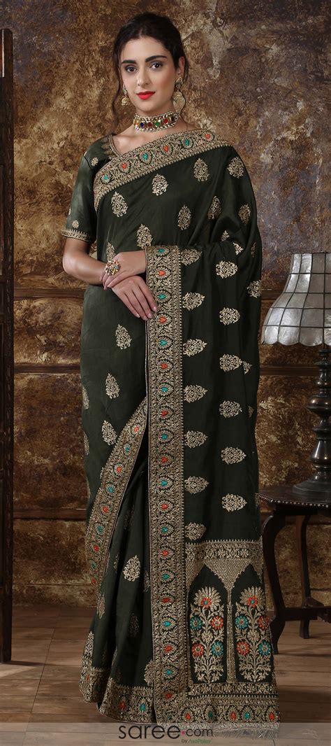 Olive Green Silk Designer Embroidered Saree With Cutdana Work Saree Indian Dresses Dresses