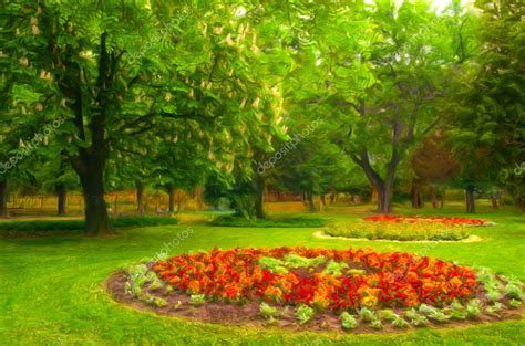 Landscape Painting Showing Beautiful Park With Flower