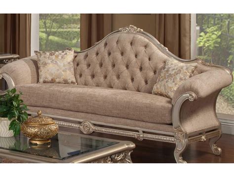 Luxury Beige Chenille Silver Carved Wood Sofa Set 3pcs Rosella Benetti