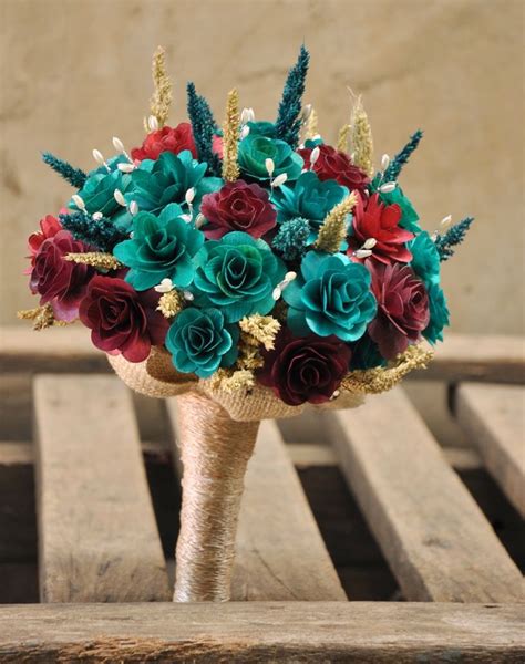 Maroon And Teal Bouquet Made Of Wooden Flowers For Weddings Home